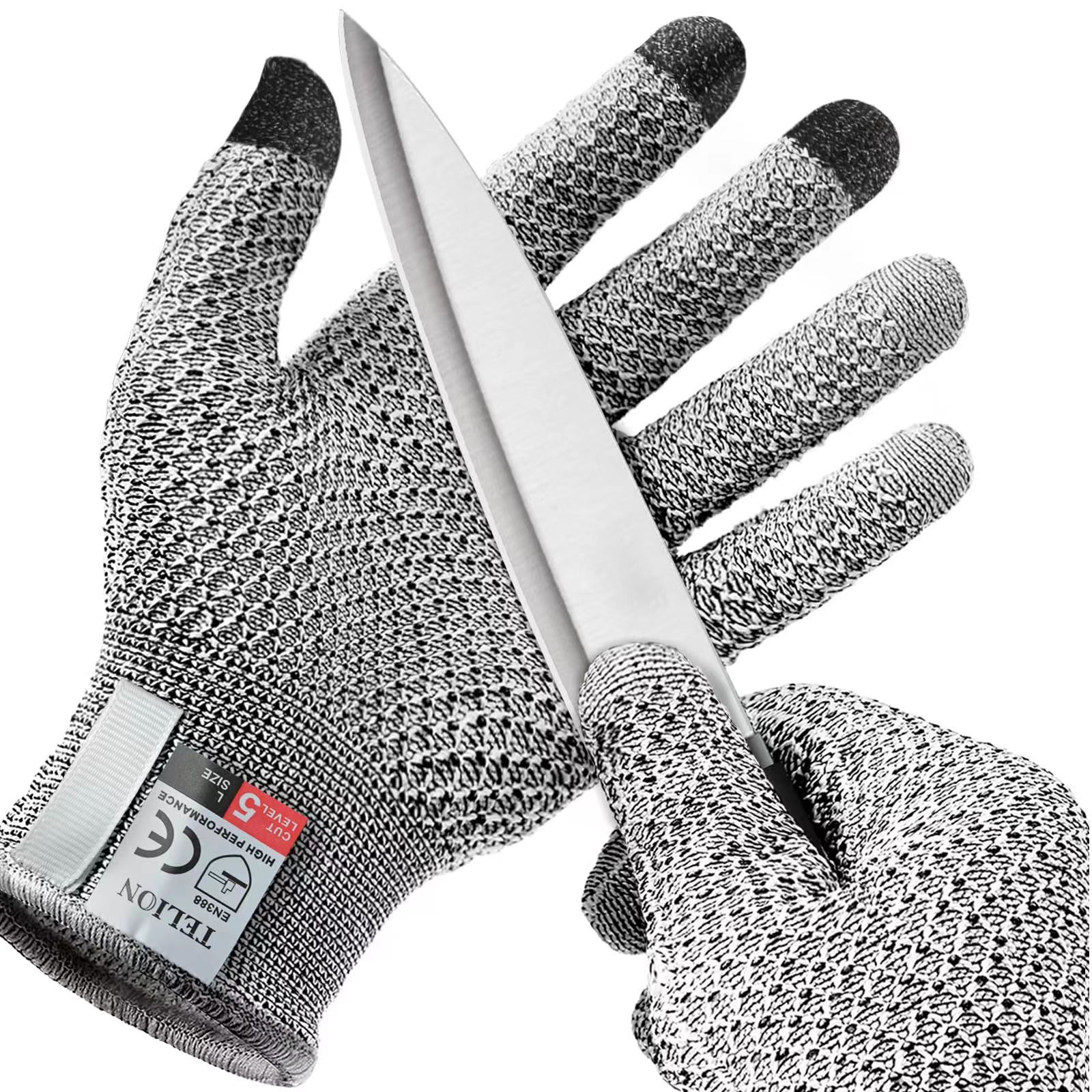 V888-ELOSUNG24486-202504031741-00 Grey 3-Pack Cut Resistant Gloves (Level 5 Protection) - Pineapple Grip, Touchscreen Compatible, Food Safe for Kitchen, Butcher & Fish Cleaning - One Size Fits Most - Image 1