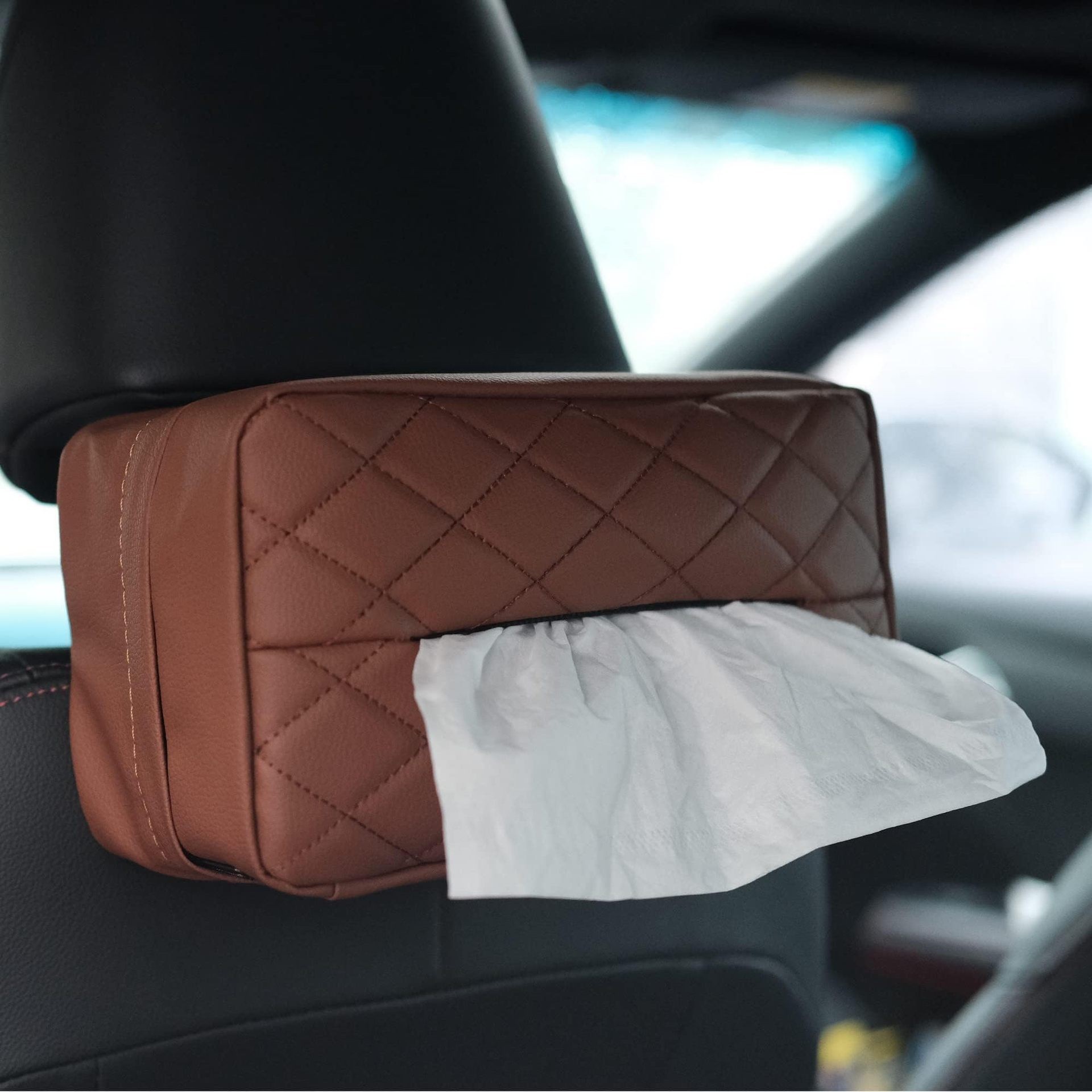 V888-ELOSUNG24512-202504141351-00 Brown 2-Pack Car Tissue Box Holder Set - Universal Sun Visor & Seat Back PU Leather Organizer - Image 1