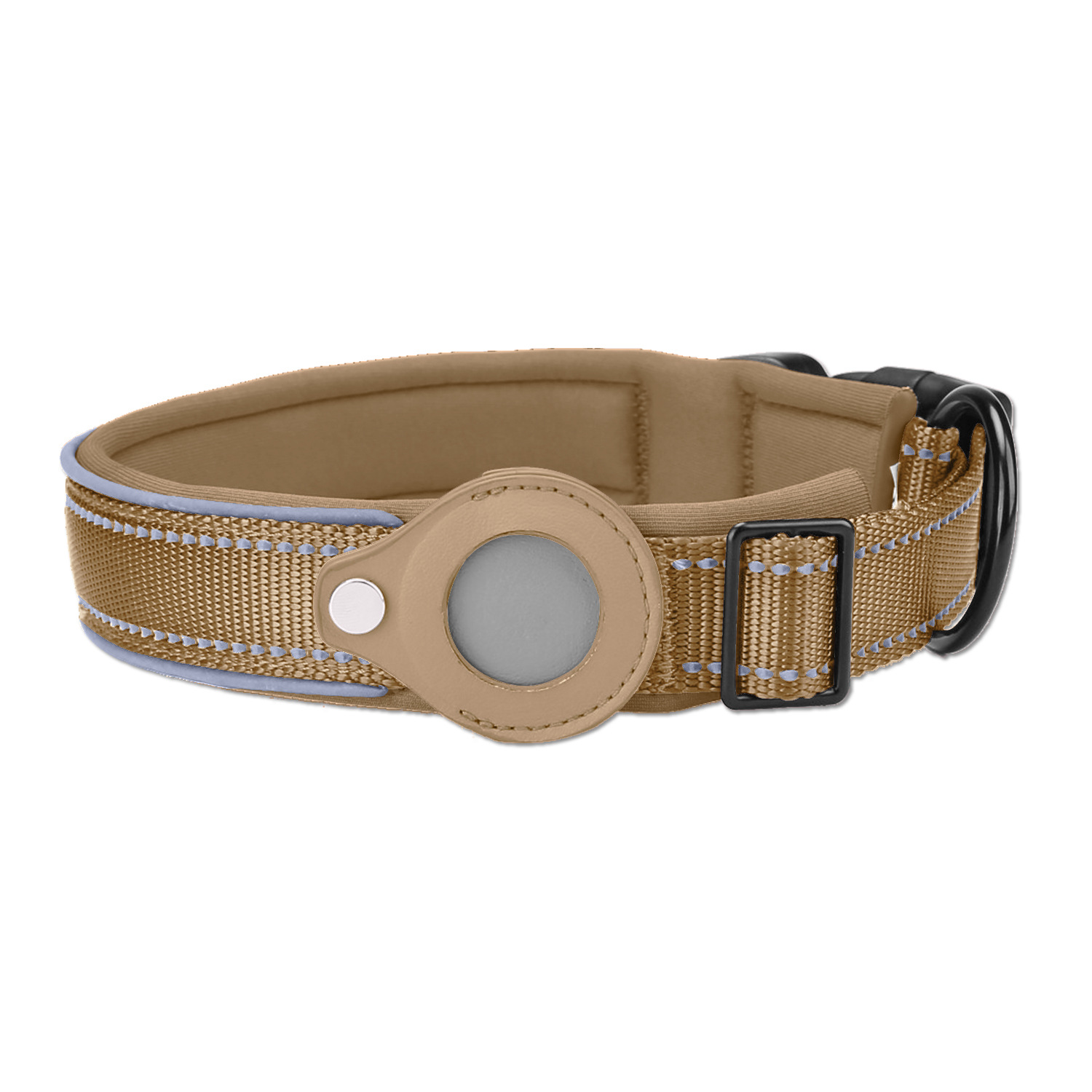 V888-ELOSUNG24666-202504141620-00 L Khaki Secure Nylon Dog Collar with Built-in Apple AirTag (not included) Holder Case - Pet Tracker Accessory - Image 1