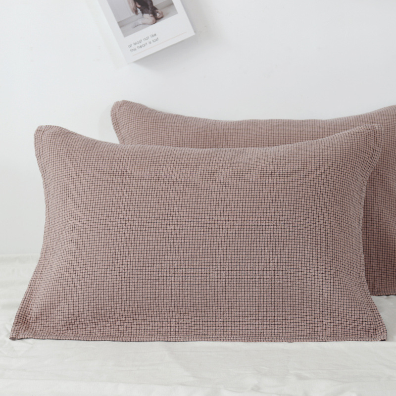 V888-ELOSUNG24714-202504171742-00 Brown Breathable 4-Layer Cotton Gauze Pillow Towel Pair - Japanese Style Grid (52x75cm) - Image 1