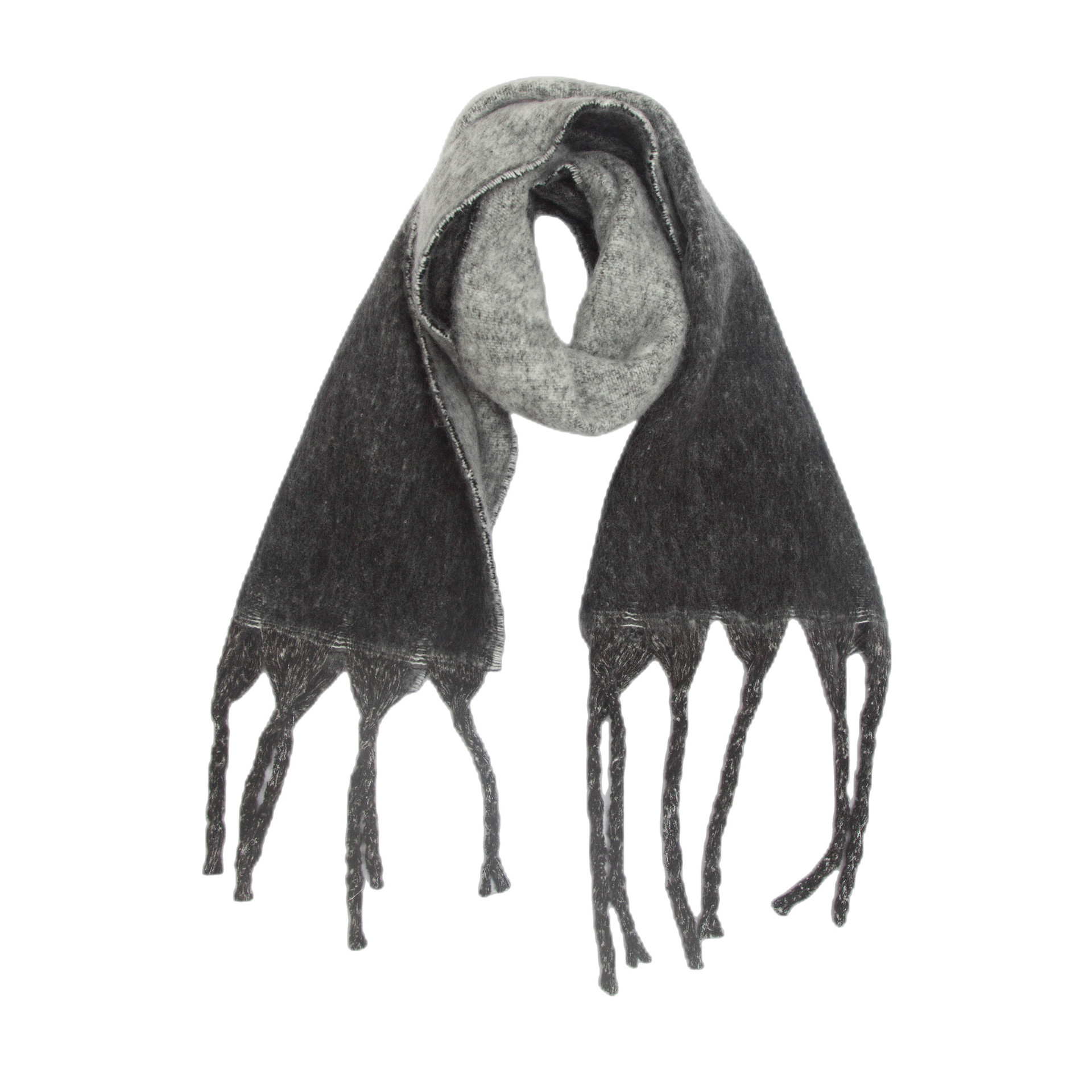 V888-ELOSUNG24989-202504221151-00 Black Plush Gradient Winter Scarf Shawl - Thick Textured Circle Yarn with Chunky Tassels - 185cm x 40cm - Image 1