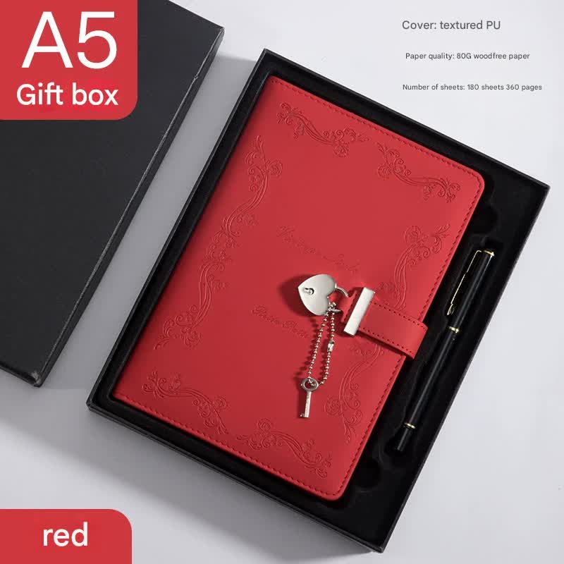 V888-ELOSUNG25272-202504211331-00 Heart Lock Diary with Key - Vintage Style Journal, Red PU Leather, Secure and Elegant - Image 1