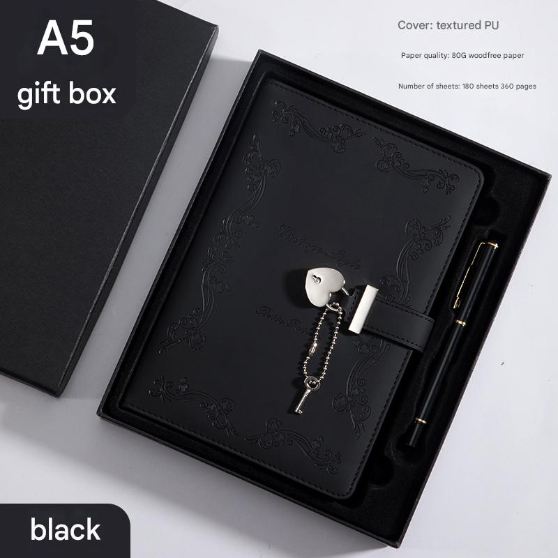V888-ELOSUNG25274-202504211335-00 Heart Lock Diary with Key - Vintage Style Journal, Black PU Leather, Secure and Elegant - Image 1