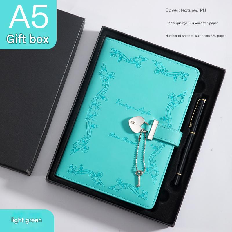 V888-ELOSUNG25276-202504211335-00 Heart Lock Diary with Key - Vintage Style Journal, Green PU Leather, Secure and Elegant - Image 1