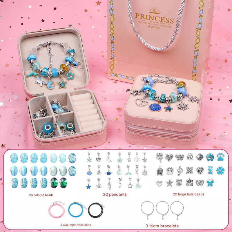 V888-ELOSUNG25304-202504211211-00 Blue Kids DIY Beaded Bracelet Set - Creative Jewelry Making Kit with Princess Gift Box and Display Stand - Image 1