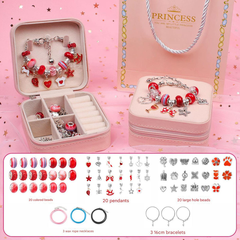 V888-ELOSUNG25305-202504211211-00 Red Kids DIY Beaded Bracelet Set - Creative Jewelry Making Kit with Princess Gift Box and Display Stand - Image 1