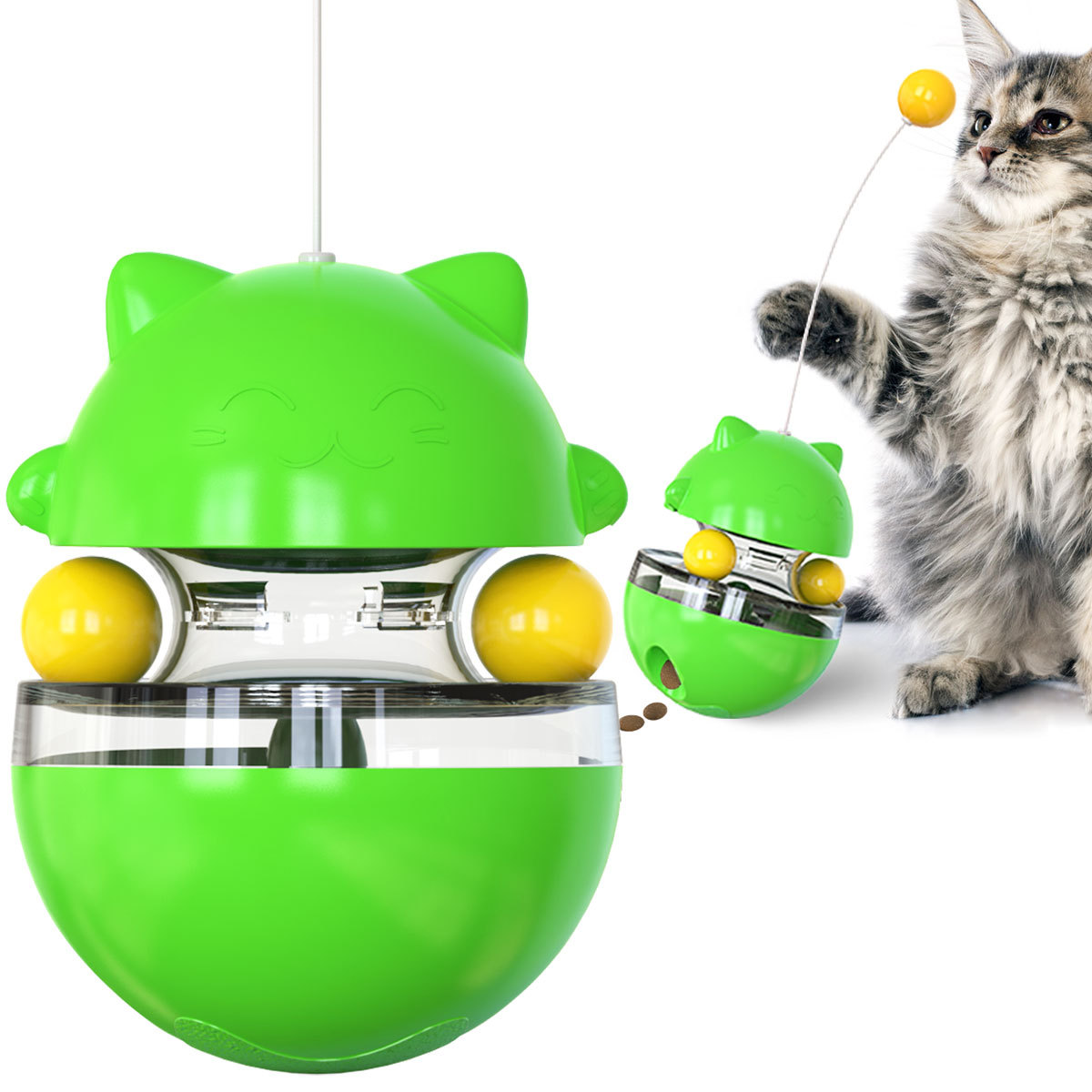 V888-ELOSUNG25380-202504281447-00 Cat Teaser Cup Toy, Interactive Treat Dispensing Ball with Wand (Green) - Image 1