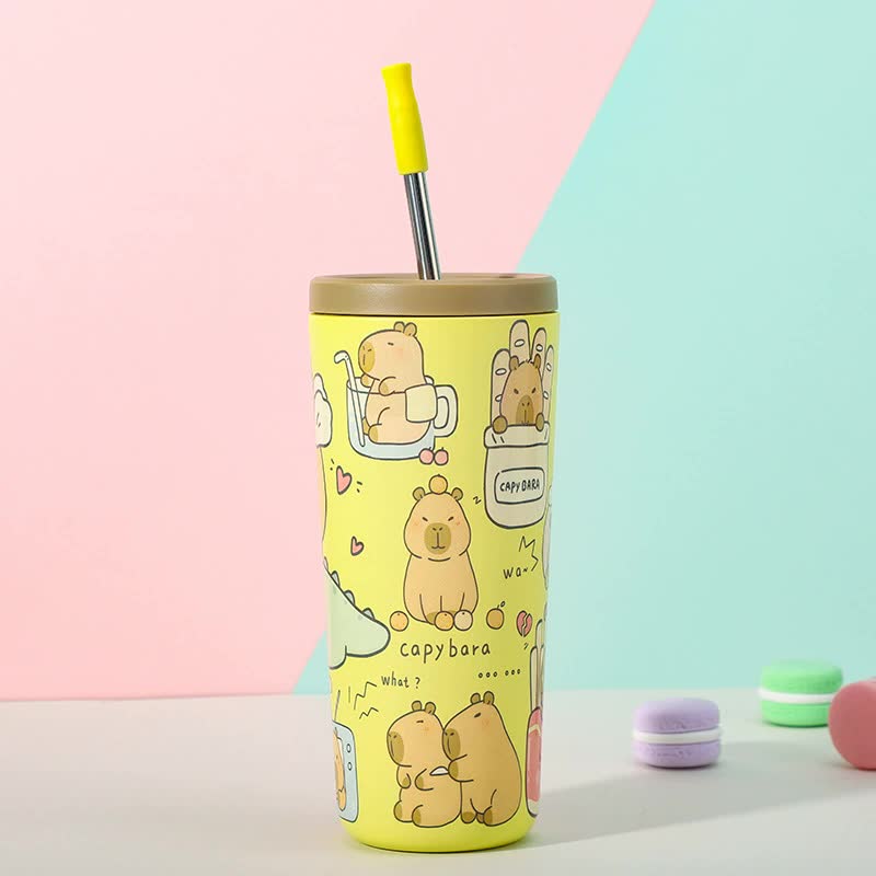 V888-ELOSUNG25384-202504281152-00 304 Stainless Steel Insulated Tumbler,Cartoon Design Portable Straw Cup for Home and Office(yellow) - Image 1