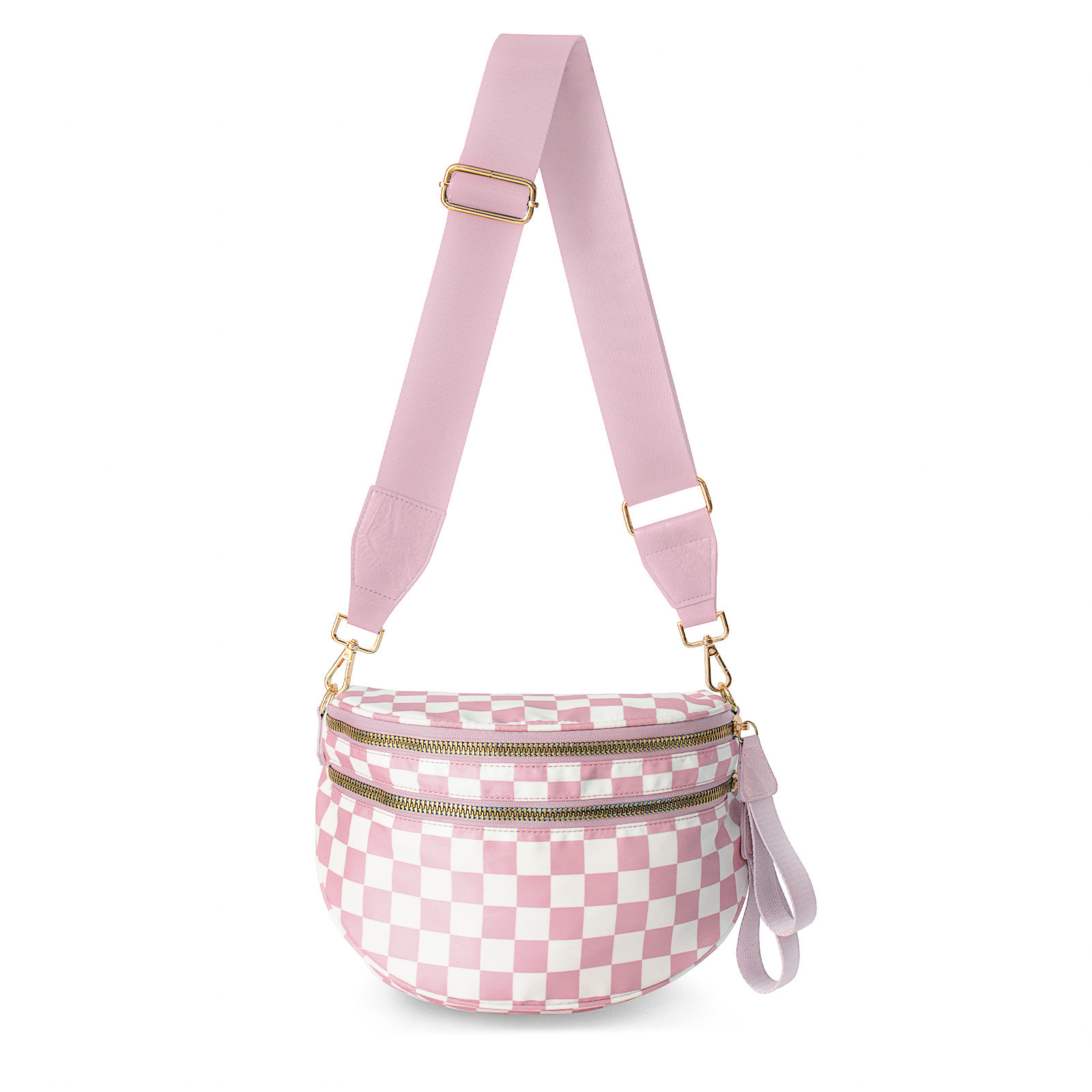 V888-ELOSUNG25400-202504281537-00 Oxford Cloth Crossbody Bag,Large Capacity Shell-Shaped Fanny Pack with Adjustable Strap(Pink and white plaid) - Image 1