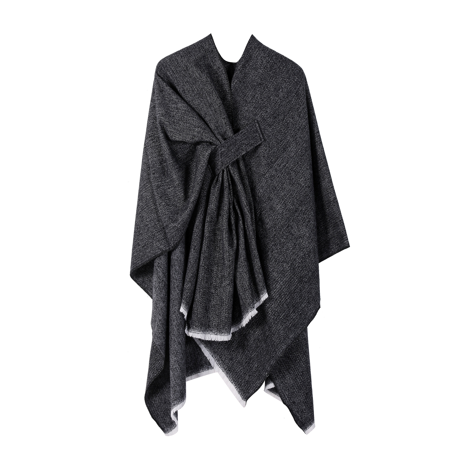 V888-ELOSUNG25425-202504281210-00 Solid Knit Poncho Shawl,Warm Fall/Winter Cape with Slit and Crossbar Design(Black) - Image 1