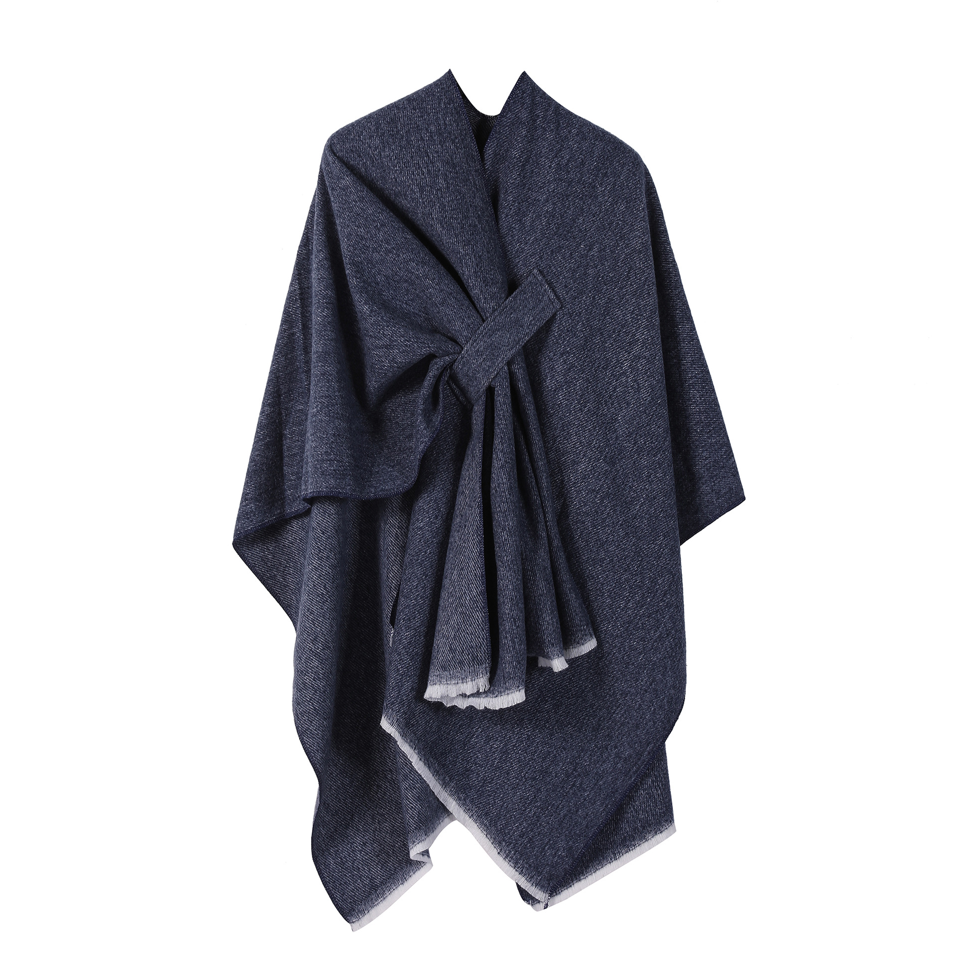 V888-ELOSUNG25429-202504281326-00 Solid Knit Poncho Shawl,Warm Fall/Winter Cape with Slit and Crossbar Design(Navy blue) - Image 1