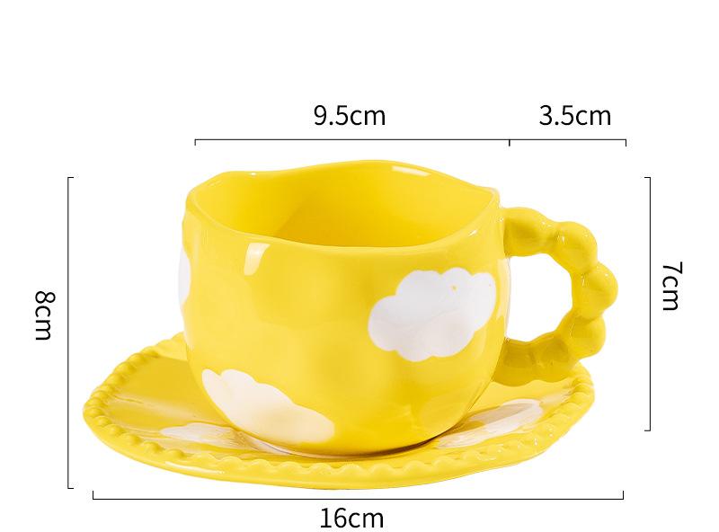 V888-ELOSUNG25555-202504281416-00 Hand-Painted Ceramic Coffee Mug and Saucer Set - Whimsical Afternoon Tea Cup with Spoon(White cloud-yellow) - Image 1