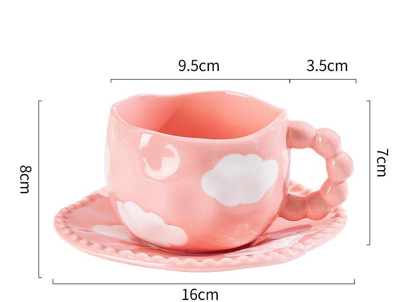 V888-ELOSUNG25556-202504281417-00 Hand-Painted Ceramic Coffee Mug and Saucer Set - Whimsical Afternoon Tea Cup with Spoon(White cloud-pink) - Image 1