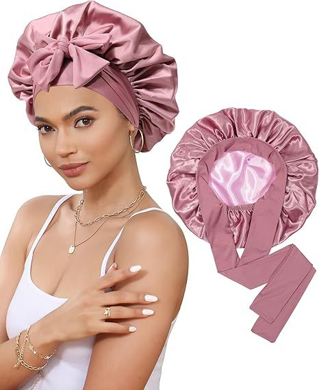 V888-ELOSUNG25639-202505081707-00 Luxury Double-Sided Satin Bonnet with Elastic Band(Leather red + pink lining) - Image 1