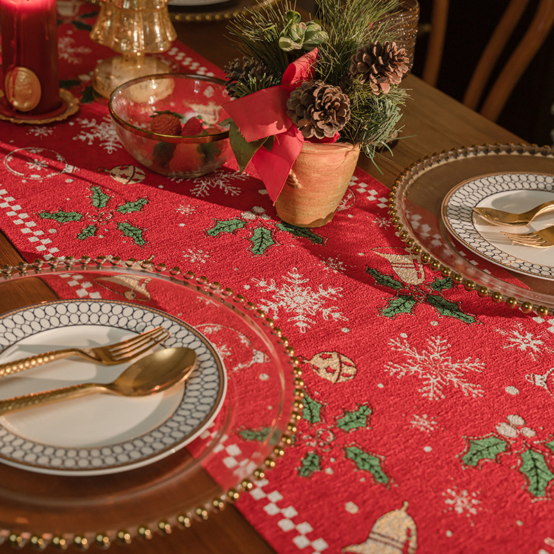 V888-ELOSUNG26145-202504171825-00 Red Christmas Table Runner with Tassels - Festive Snowflake & Bell Print (35*180cm) - Image 1