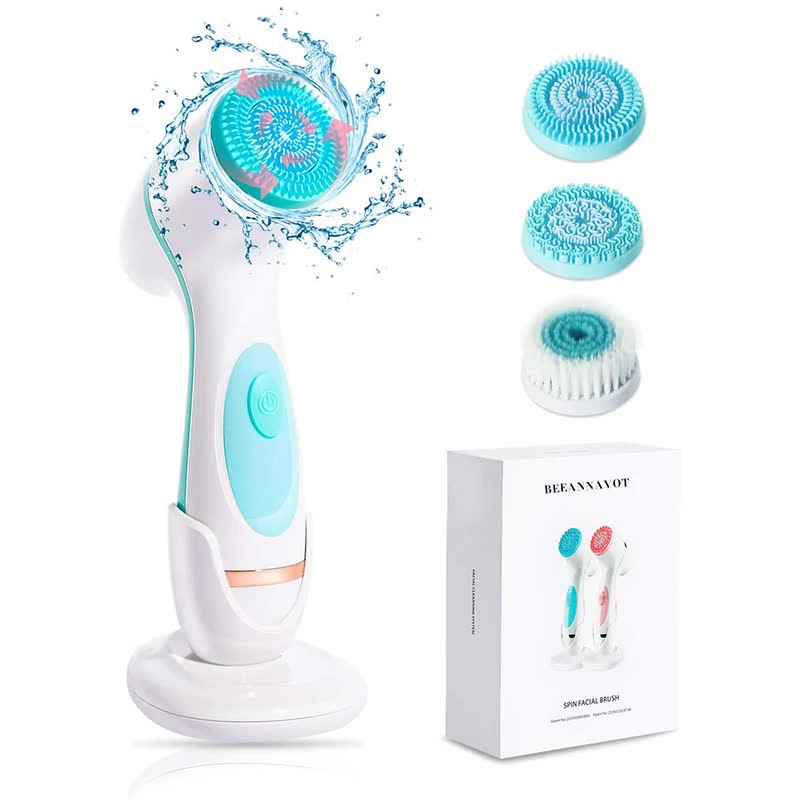 V888-ELOSUNG26213-202504211206-00 Blue Waterproof Facial Cleansing Spin Brush Set - Rechargeable with 3 Heads & Charging Stand - Image 1