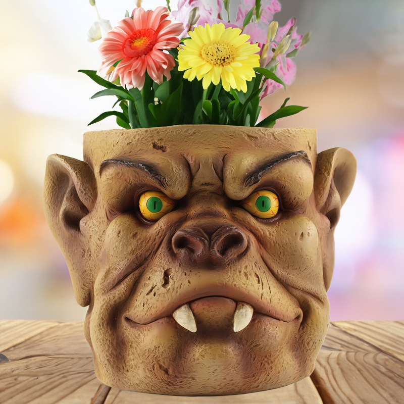 V888-ELOSUNG26221-202504211222-00 Brown Unique Goblin Head Planter Pot - Resin Monster Face for Succulents & Decor (Style 2) - Image 1