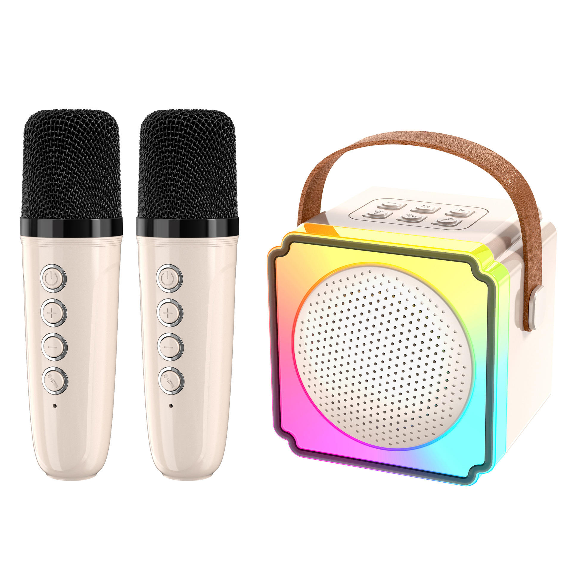 V888-ELOSUNG26234-202504211415-00 Beige Fun Portable Party Speaker - Karaoke Machine with Two Wireless Microphones and Voice Effects - Image 1