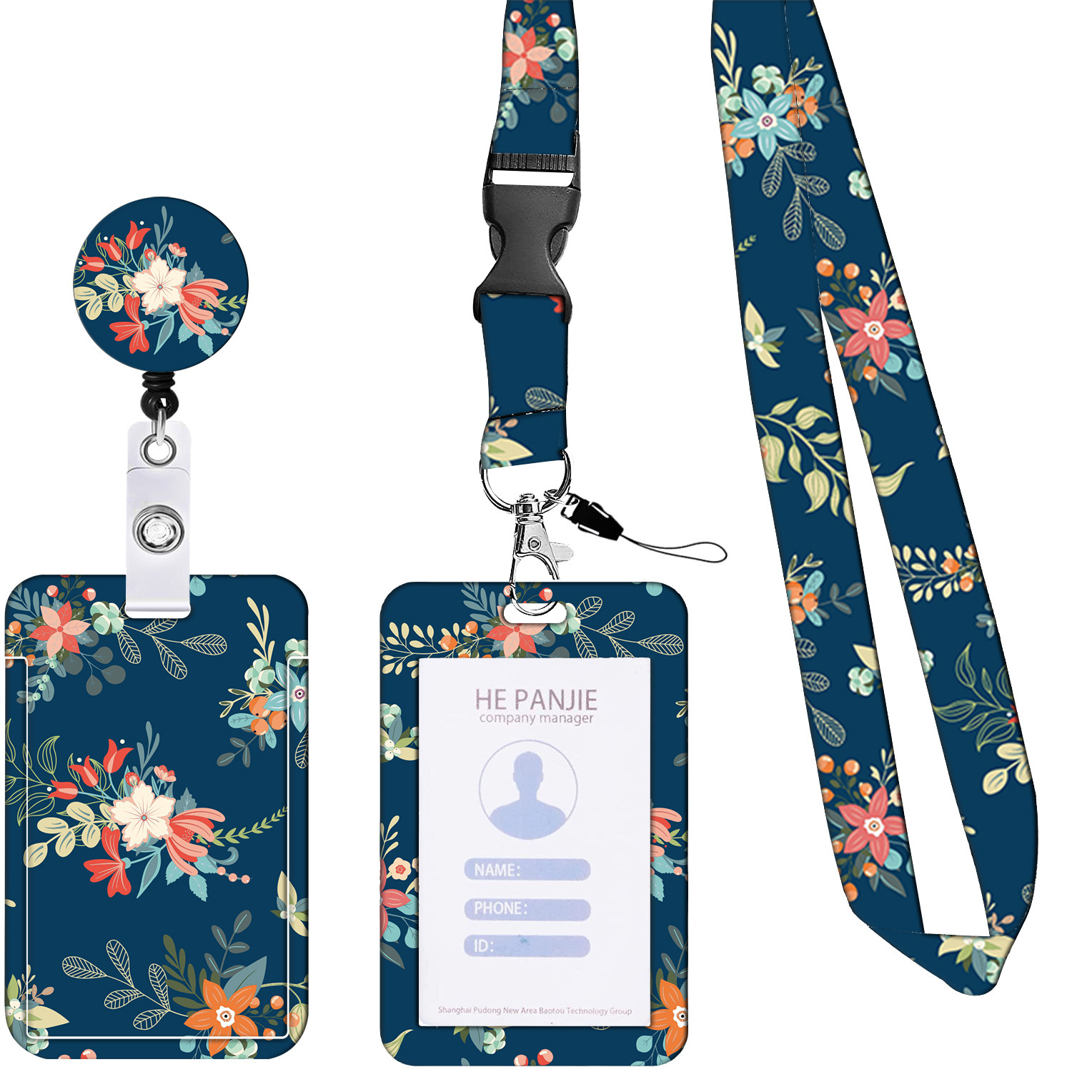 V888-ELOSUNG26240-202504211242-00 2-pcs Retractable ID Badge Reel Lanyard Set with Vertical Hard Plastic Card Holder - Blue flowers and plants (Style 4) - Image 1
