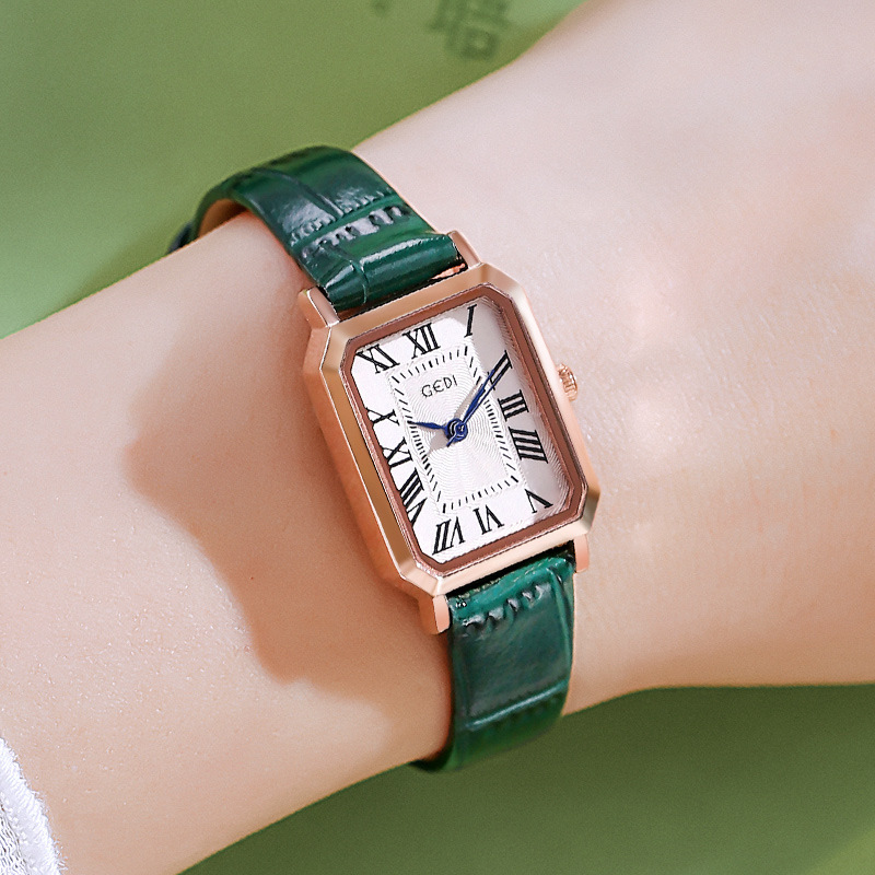V888-ELOSUNG26305-202504281208-00 Rose gold shell, white plate, green belt Ladies Quartz Watch - Classic Rectangular, Leather Band - Image 1
