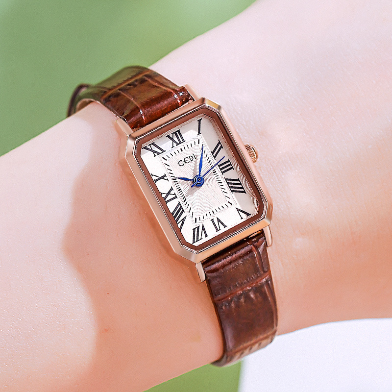 V888-ELOSUNG26307-202504281208-00 Rose gold shell, white plate and coffee strap Ladies Quartz Watch - Classic Rectangular, Leather Band - Image 1