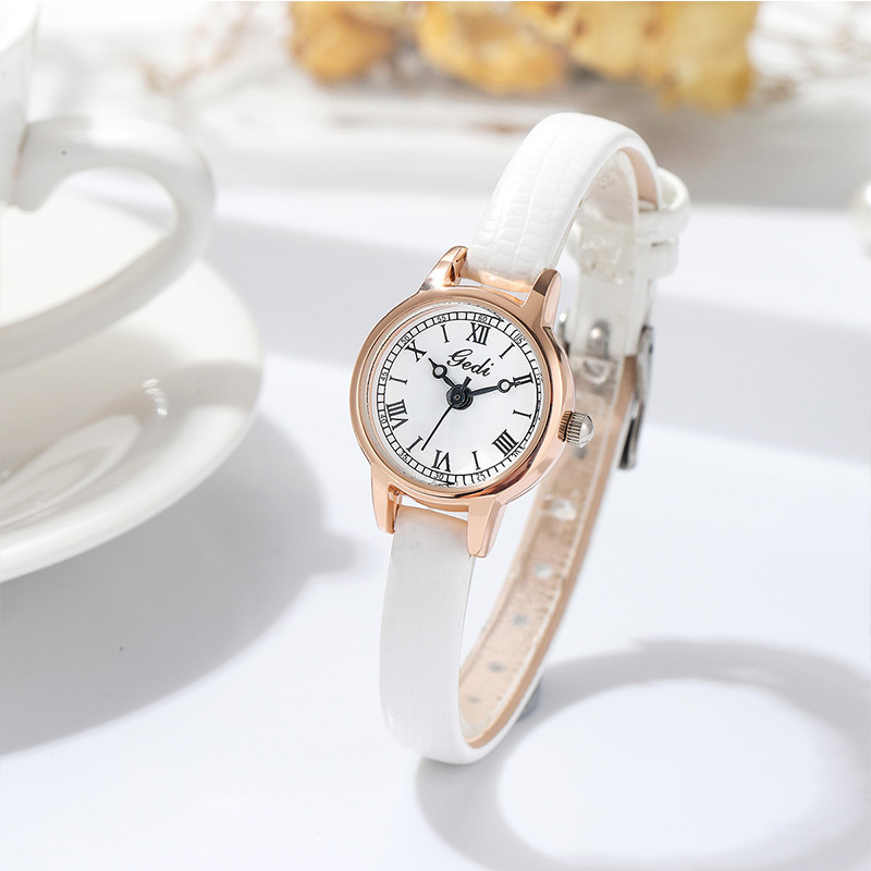 V888-ELOSUNG26310-202504281243-00 Rose shell white plate leucorrhea Delicate Women's Watch - 20mm Roman Numeral Dial, Leather Strap - Image 1