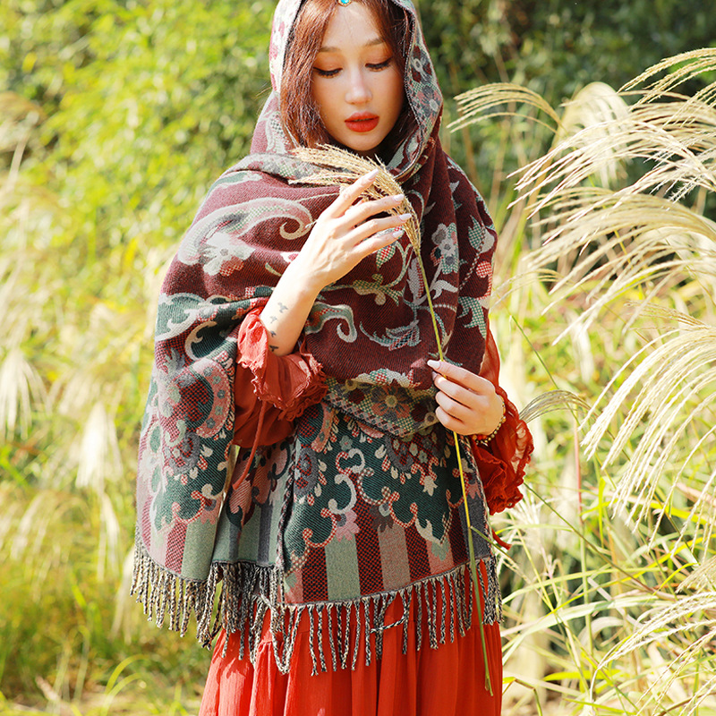 V888-ELOSUNG26315-202504281307-00 Style 1 Women's Ethnic Faux Cashmere Shawl Wrap - Jacquard Pattern Tassel Scarf (Flowers in full bloom) - Image 1