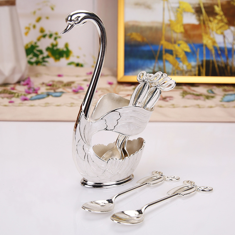 V888-ELOSUNG26338-202504281423-00 Elegant Swan Base Spoon Holder Set with 6 Coffee/Dessert Spoons(Silver spoon) - Image 1