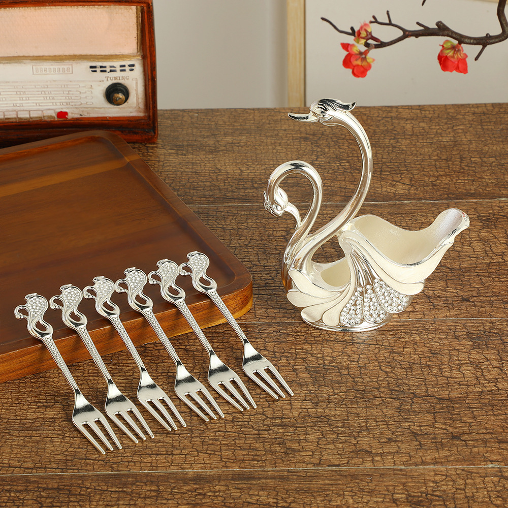 V888-ELOSUNG26359-202504281535-00 Silver Elegant Double Swan Cutlery Holder Set with 6pcs Fork - Image 1