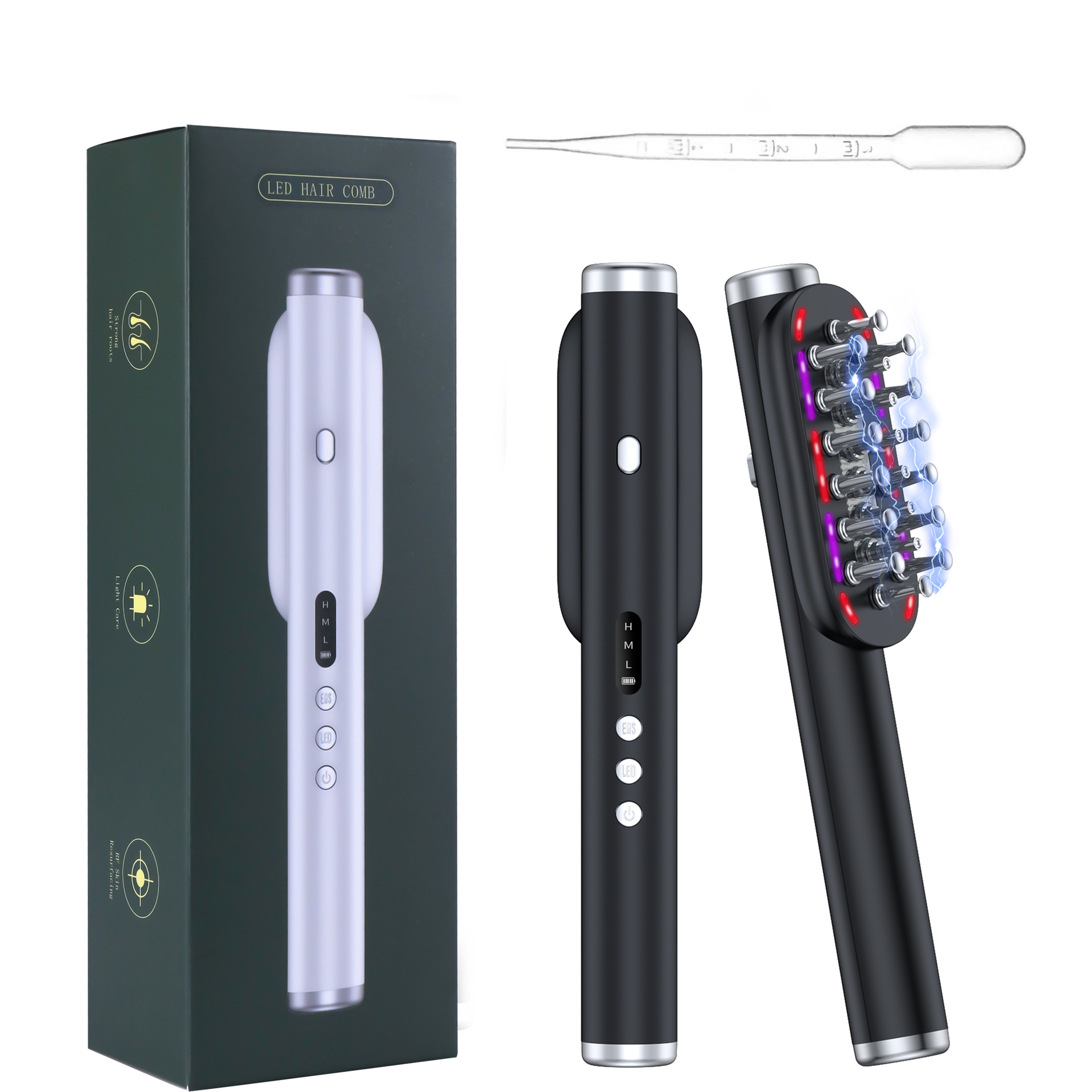 V888-ELOSUNG26408-202504281331-00 Black Vibrating Scalp Massager Comb - LED Therapy & Oil Infuser for Hair Growth - Image 1