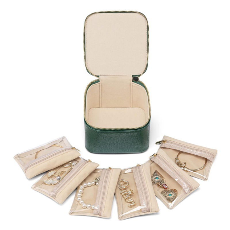 V888-ELOSUNG26474-202504281532-00 Green Compact Travel Jewelry Box with 6 Individual Velvet Zipper Pouches - Image 1