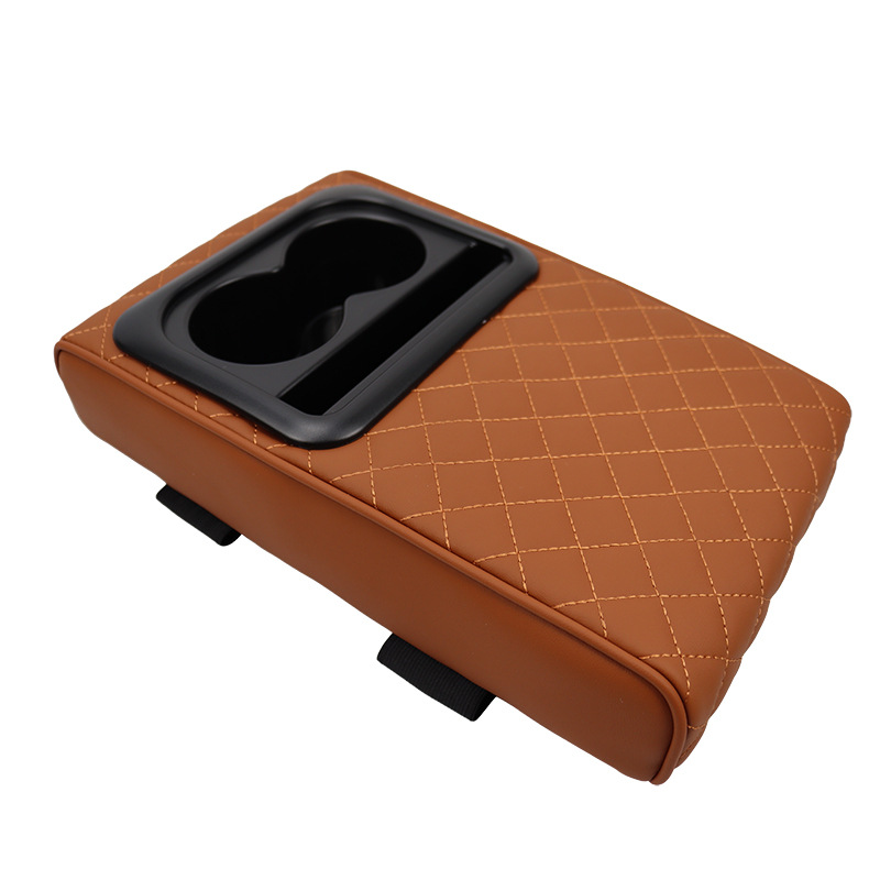V888-ELOSUNG26482-202504281545-00 Brown Auto Center Console Armrest Riser Pad with Dual Cup Holders - PU Leather - Image 1
