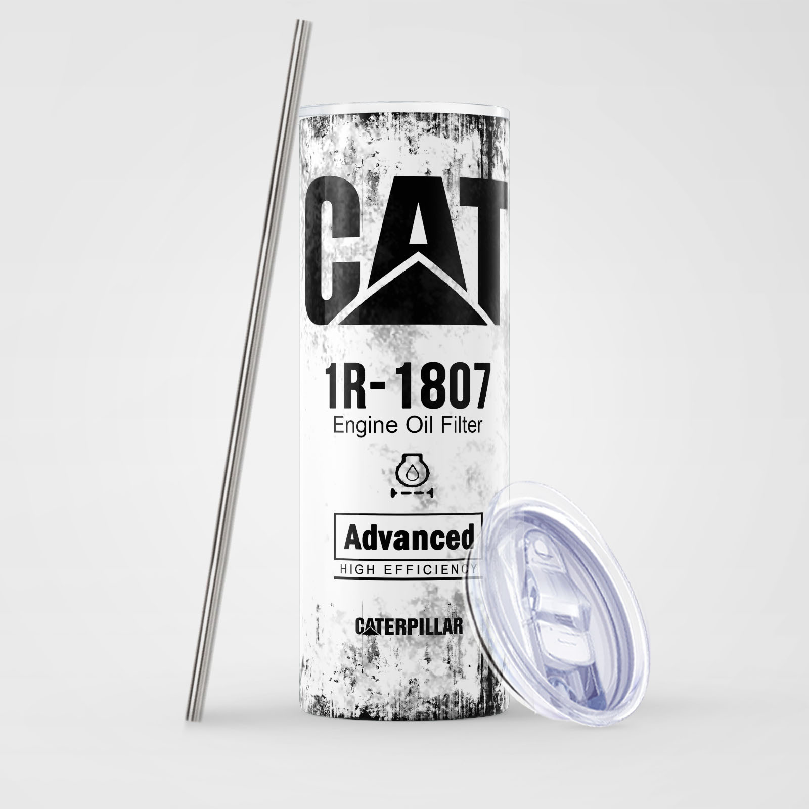 V888-ELOSUNG26491-202504281607-00 White Skinny Tumbler (591ml) - Fun CAT Oil Filter Replica for Construction Fans - Image 1
