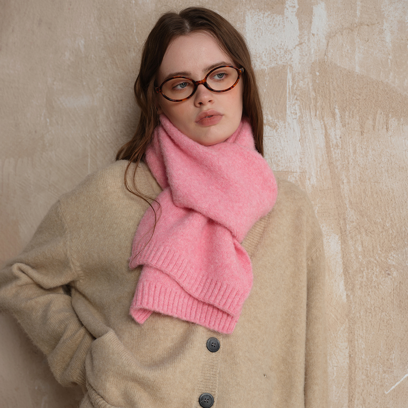V888-ELOSUNG26611-202505131729-00 Pink Soft Wool Blend Knitted Scarf Women Men Winter Pure Color Neck Wrap (157x22cm) - Image 1