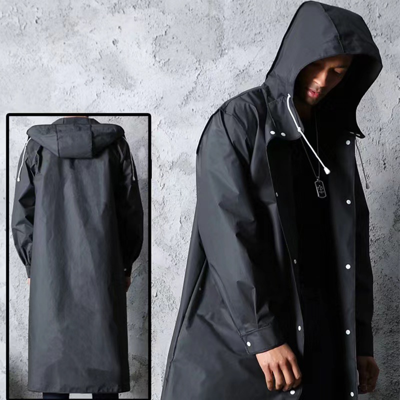 V888-ELOSUNG26643-202505131810-00 Stylish Black Trench Raincoat - Extra Long, Hooded, for Hiking & Fishing - XL - Image 1