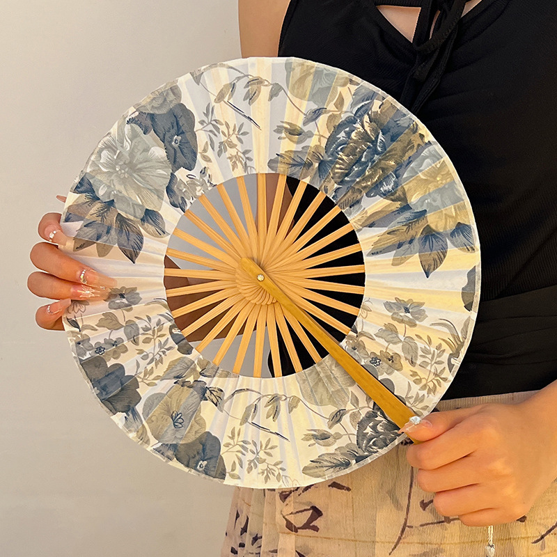 V888-ELOSUNG26646-202505131830-00 2 PCS Floral Bamboo Folding Hand Fan - Traditional Chinese Style Round Folding Design (Elegant ink flower) - Image 1