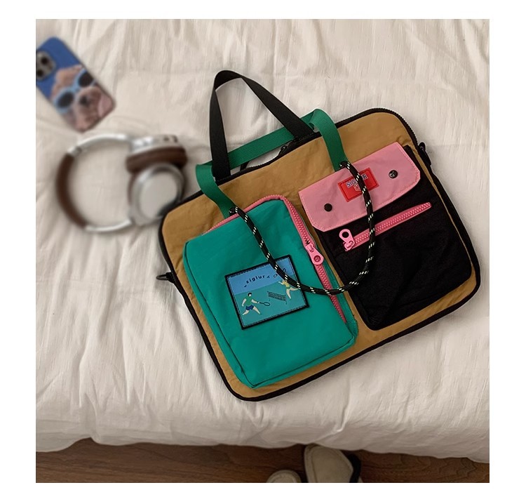 V888-ELOSUNG26751-202505131821-00 Black Color Block Canvas Laptop Tote Bag - Funky Multi-Pocket Design for Women (37*31*3cm) - Image 1