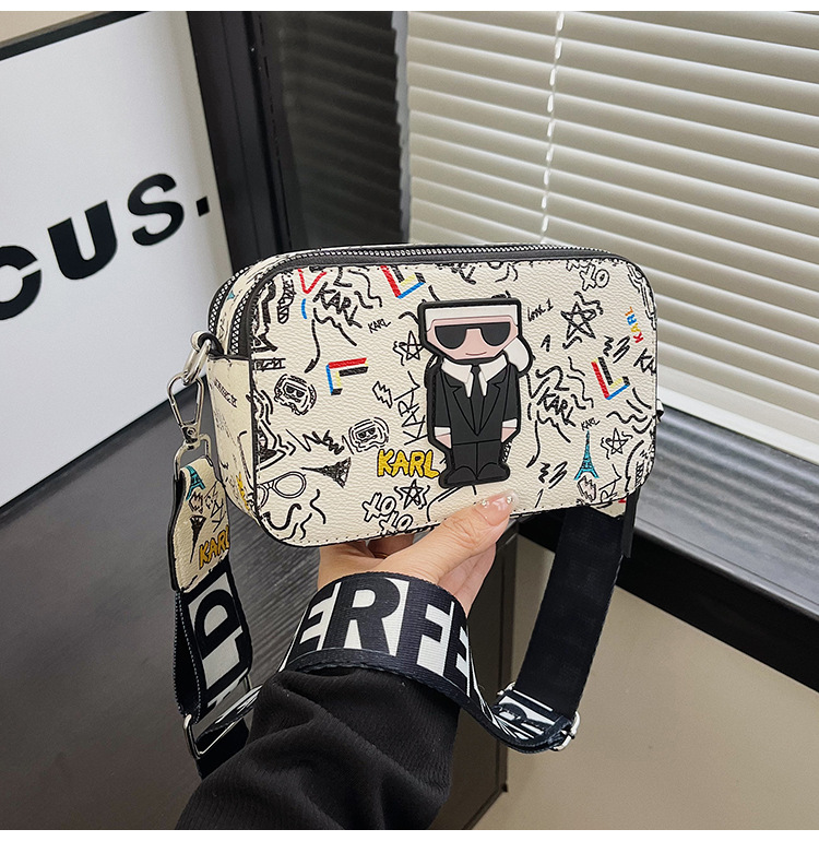 V888-ELOSUNG26776-202505131932-00 Beige Unique Doodle Print PU Leather Bag - Lightweight Crossbody with Character - Image 1