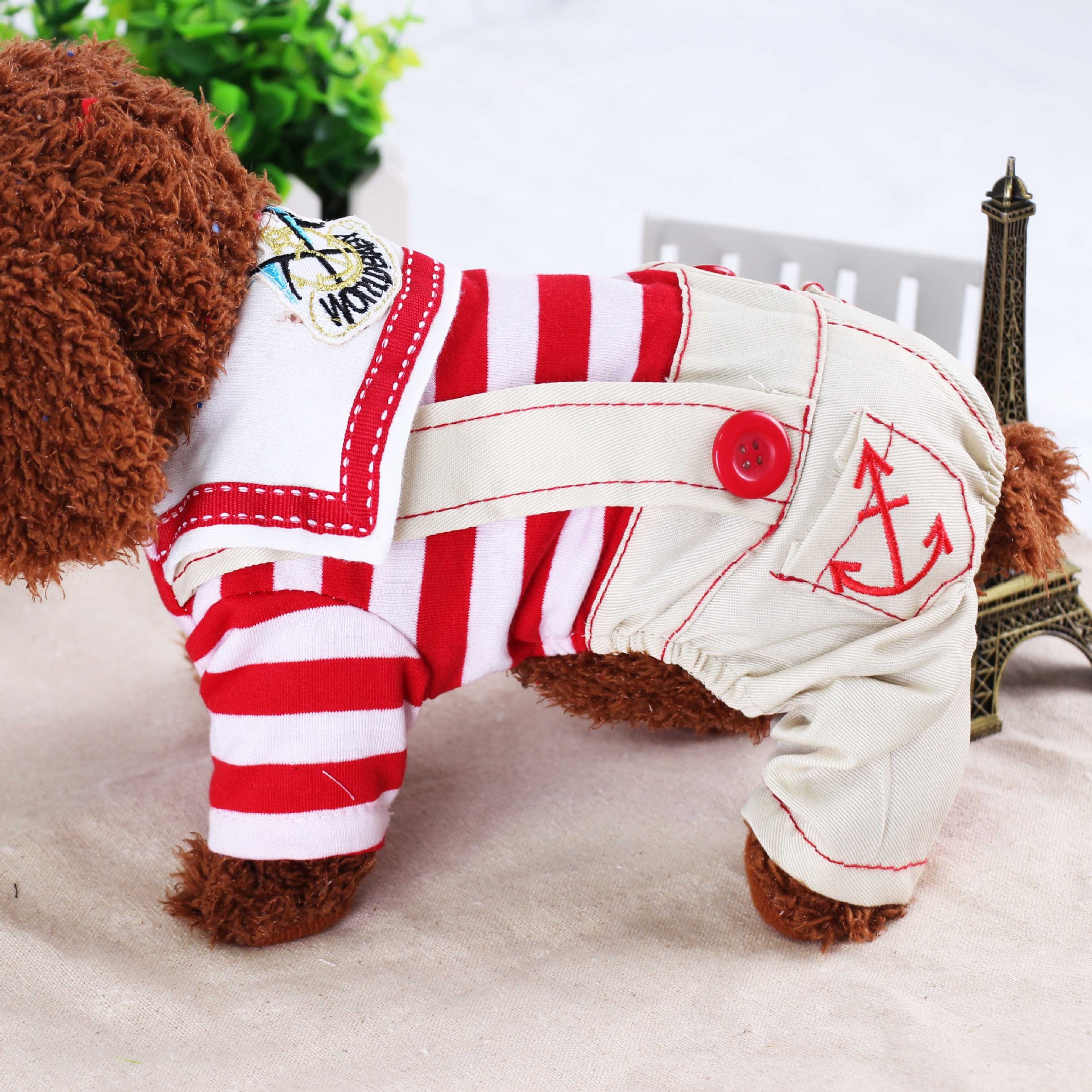 V888-ELOSUNG26792-202505131948-00 Red Cute Sailor Dog Outfit - Striped Shirt & Anchor Overalls for Small Dogs (Size : XXL ) - Image 1