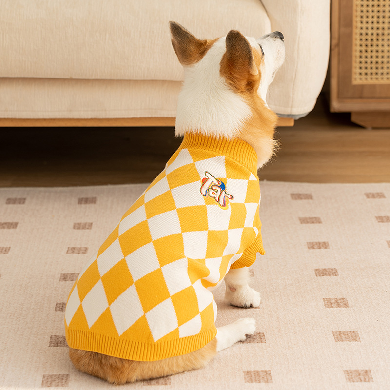V888-ELOSUNG26800-202505131635-00 Classic Argyle Dog Sweater - Yellow & White Knit for Corgis & Medium Breeds (Size : L) - Image 1