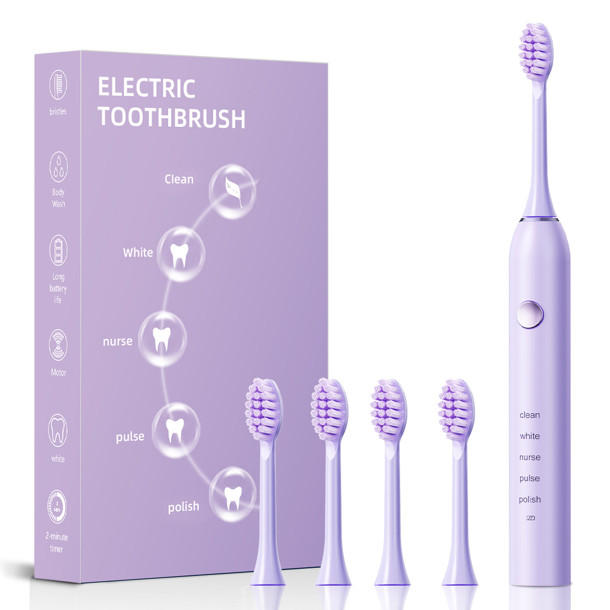 V888-ELOSUNG26974-202505191426-00 Advanced Sonic Toothbrush: 5 Cleaning Modes, 2-Min Timer, USB Fast Charge, Purple (4 brush heads) - Image 1