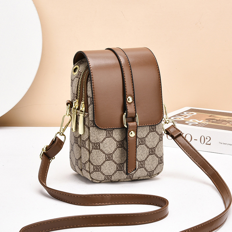 V888-ELOSUNG27087-202504211141-00 Brown Chic Round Mini Crossbody Phone Purse - PU Leather Vertical Shoulder Bag with Headphone Port - Image 1