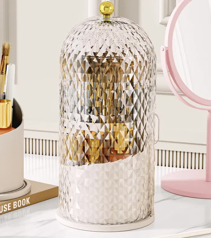 V888-ELOSUNG27105-202504221137-00 White Elegant 360 Rotating Makeup Brush Holder & Cosmetic Organizer with Dustproof Dome Lid(Makeup is a prop for shooting and is not included) - Image 1