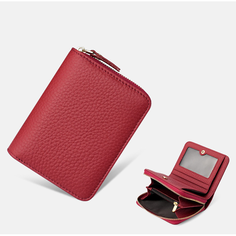 V888-ELOSUNG27118-202504221142-00 Red Compact RFID Genuine Leather Wallet for Women - Secure Zipper Card Holder & Coin Purse - Image 1