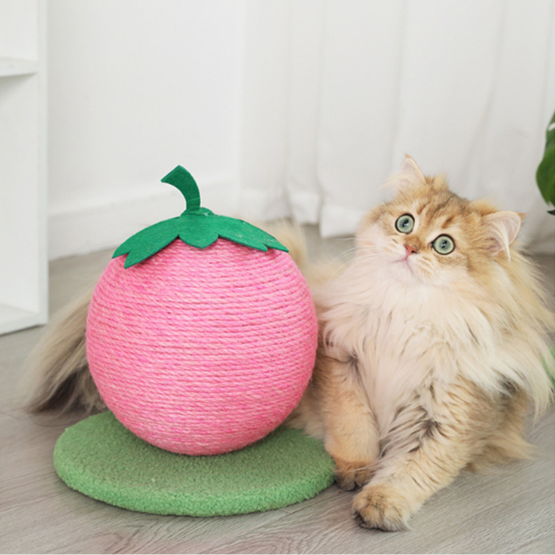 V888-ELOSUNG27124-202504221146-00 Pink Strawberry And Green Base Fun Fruit Shaped Sisal Cat Scratcher Ball - Durable Scratching Toy with Stable Base - Image 1
