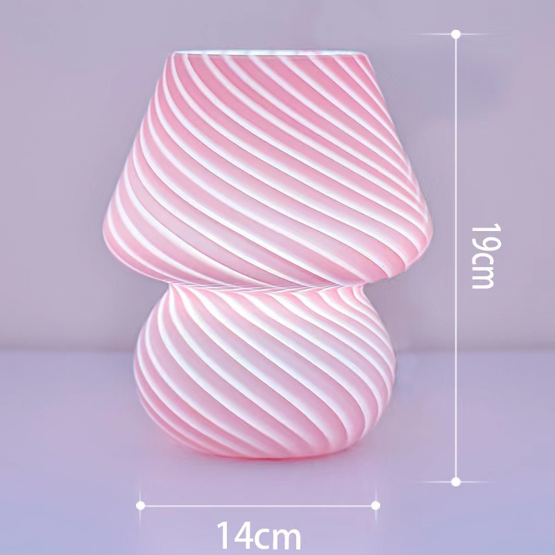 V888-ELOSUNG27145-202504281515-00 Pink Retro Swirl Glass Mushroom Table Lamp - USB Powered 3-Level Dimmable Bedside Accent Light - Image 1