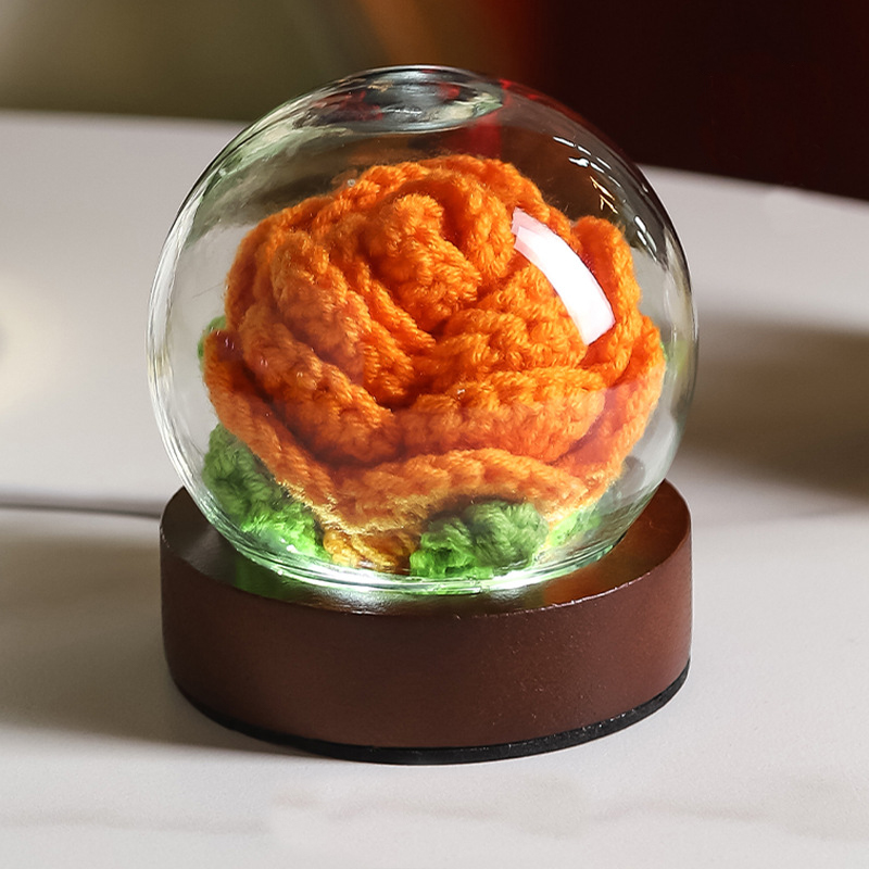 V888-ELOSUNG27186-202504281426-00 Orange Rose Handcrafted Crochet Flower LED Night Light - USB Rechargeable Glass Dome Lamp with Wood Base, 3 Color Modes - Image 1