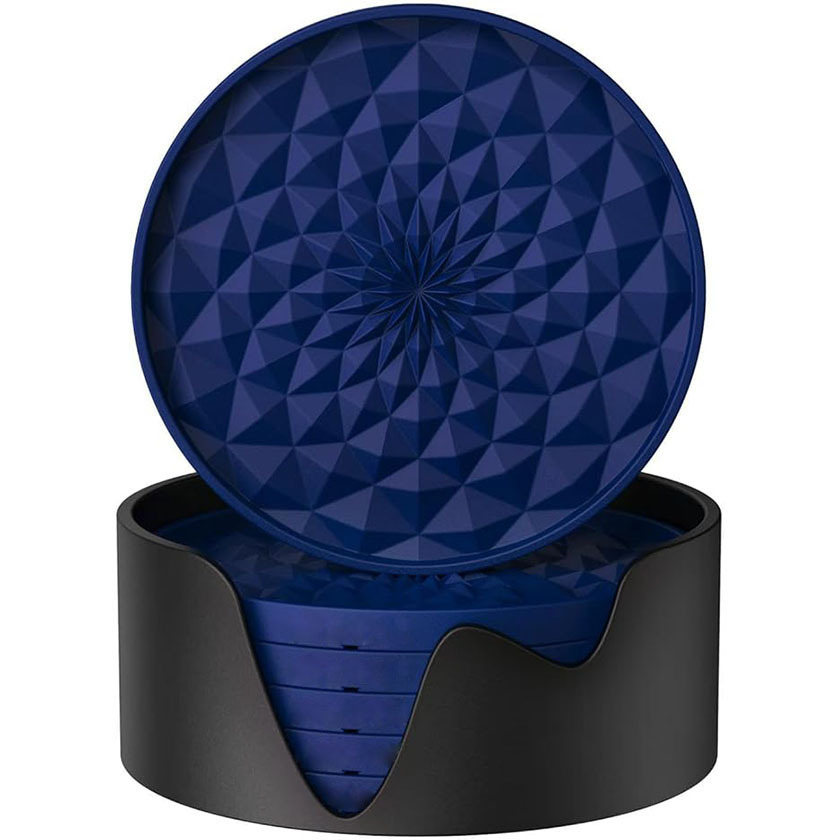 V888-ELOSUNG27198-202504281515-00 Dark Blue and Black Geometric Silicone Drink Coasters Set (6 Pack) with Holder - Non-Slip Table Protectors - Image 1