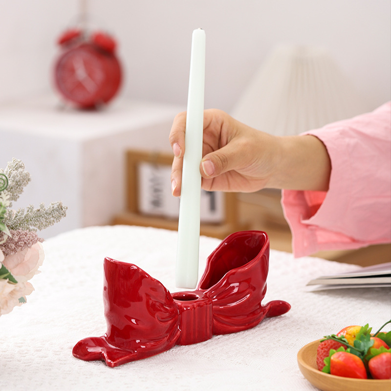 V888-ELOSUNG27210-202504281605-00 Red Elegant Ceramic Bow Taper Candle Holder - Stylish Tabletop Decor Accent - Image 1