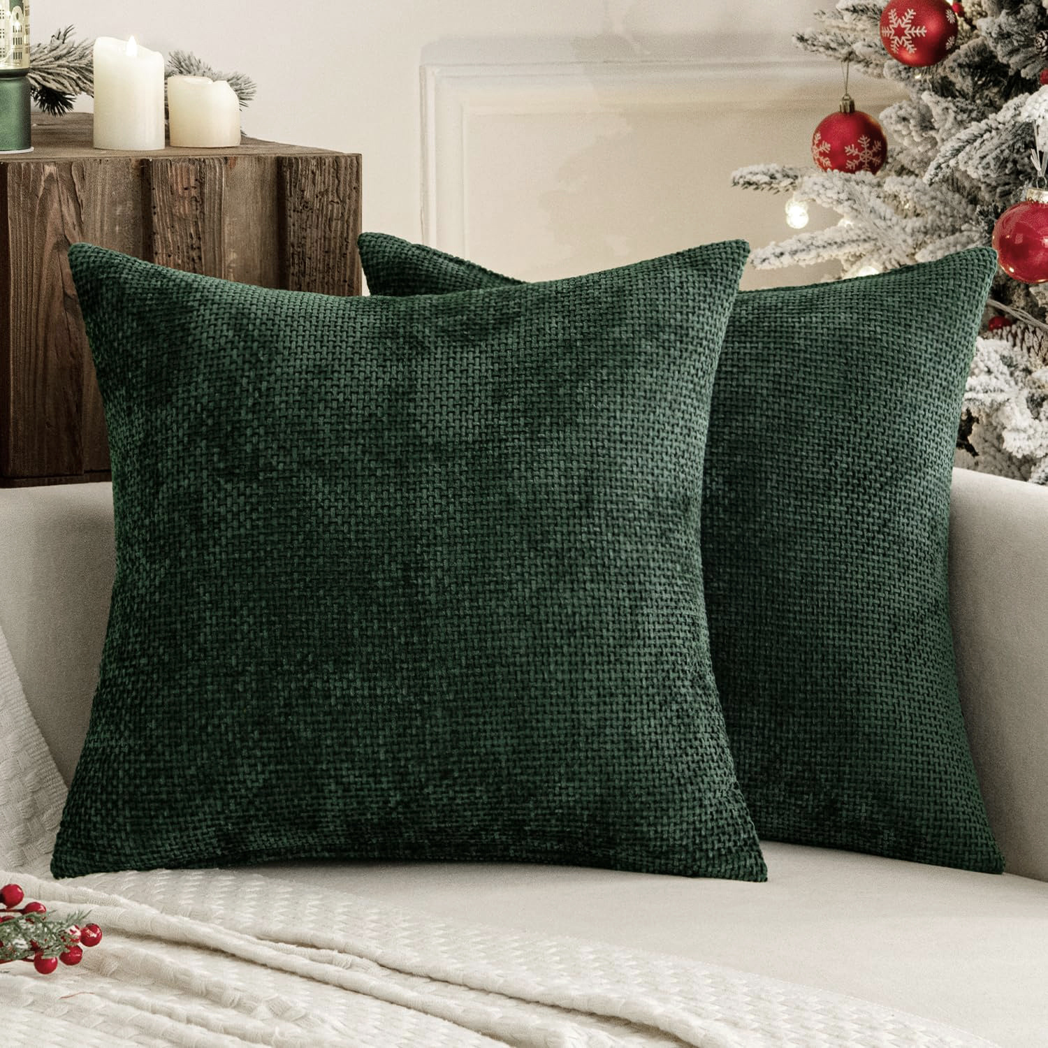 V888-ELOSUNG27239-202504281341-00 Dark Green Plush Chenille Cushion Covers Set of 2 - Soft Textured Decorative Throw Pillow Cases for Sofa Couch, 45x45cm - Image 1